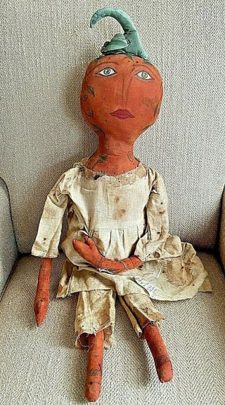 Vintage Halloween Primitive Artist Made Signed Ooak Pumpkin Doll Kim Kohler