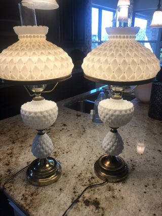 Rare Vintage Gwtw White Milk Glass & Brass Hurricane Lamps - Set Of 2