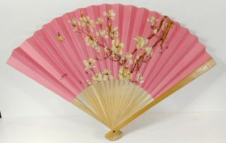 Vintage Folding Hand Fan Cherry Blossom Butterfly Bamboo Oriental Chinese Pink