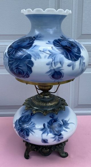 Vintage Accurate Cast 3 Way Hurricane Gone With The Wind Gwtw Blue Lamp W/roses