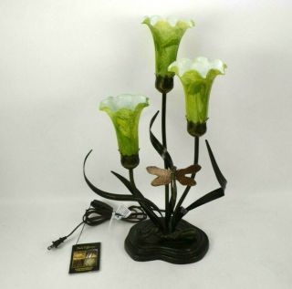 Dale Tiffany 3 Light Bronze Tone Green Tulip Lily Dragonfly Table Lamp 21 " Tall