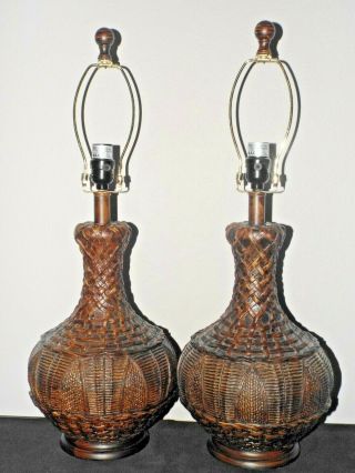 Lamps A Pair 26 " H 3 - Way Tropical Themed Fancy Molded Rattan Resin Table Lamps