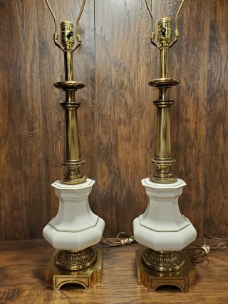 Vintage Stiffel Lamps Brass & White Ceramic/porcelain Large Table Lamps (pair)