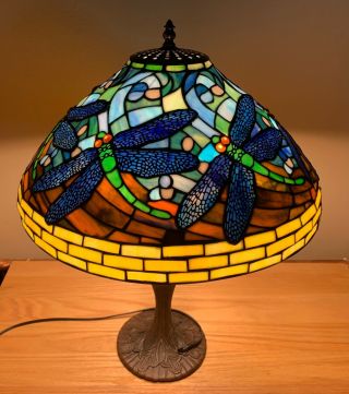 Vintage Dragonfly Tiffany Style Stained Glass Table Lamp W/ Metal Base