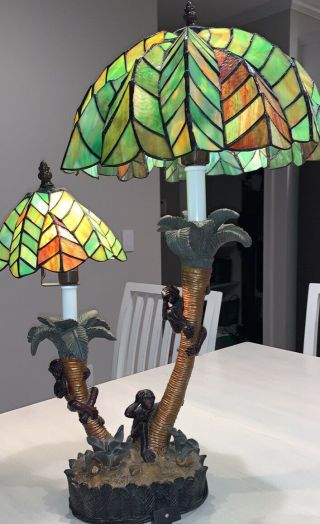 Vintage Tiffany Style Green Stained Glass Palm Tree Lamp Collectible Heavy Base 2