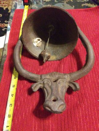 Antique Vtg Cast Iron Dinner Bell With Cow School Ranch Farm Rustic