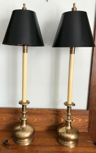 Pair Vtg Frederick Cooper Brass Candlestick Table Lamps 35 " Tall Shades