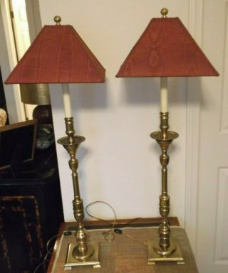 Pair Frederick Cooper Brass Candlestick Buffet Lamps