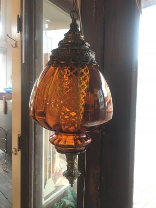 Vintage Retro Mid - Century Amber Brown Glass Hanging Swag Pendant Light