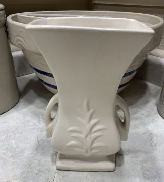 Vintage Mccoy Pottery Matte White Leaf Design Double Handle Vase
