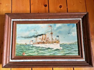 Vintage 1898 Us Battleship Maine Lithograph By Fetherston With Handmade Frame