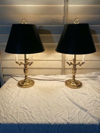 Ornate Pair Vintage Brass French Bouillotte Style Table Lamps Green Faux Shades