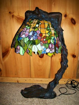 E.  Thomassani Daphne Tiffany Style Lamp Leaded Glass Shade Bronze Nymph