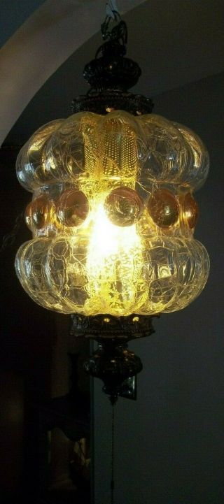Vintage Hollywood Regency Clear Crackle/gold Swag Glass Globe Hanging Lamp 22”