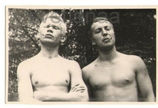 Beach Smokers Couple Handsome Shirtless Men Muscular Physique Gay Vintage Photo