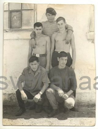 Soldiers Soviet Army Affectionate Embrace Handsome Shirtless Men Hugs Vtg Photo