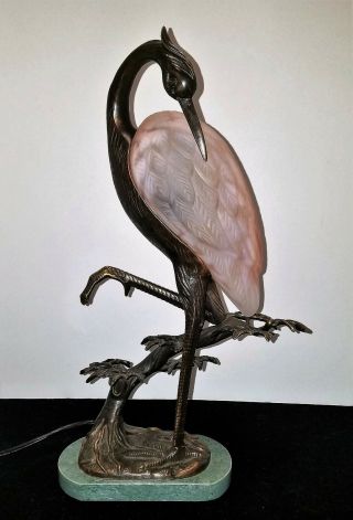 16 " Heron Stork Crane Lamp Metal Glass Granite Pink Feather Tin Chi