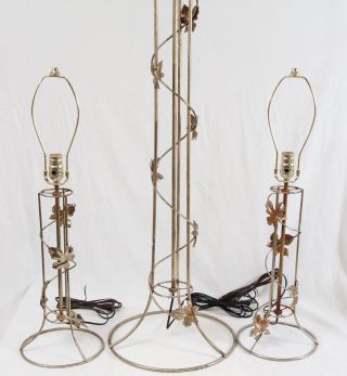 Mid Century Chrome Wire Table Lamps Pair & Floor Set Vintage Industrial Atomic