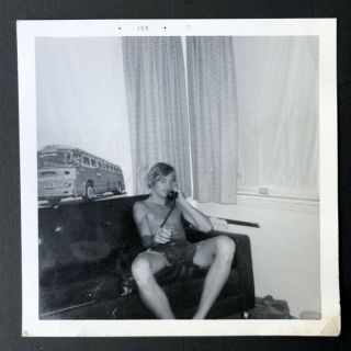 Vintage Photo Snapshot Handsome Blonde Young Man Poses Shirtless W/ Phone