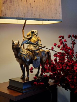 Vintage Large Frederick Cooper Bronze Guangyu Figure Table Lamp&original Shade