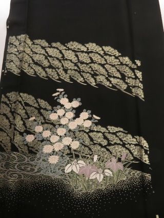 2h05z70 Japanese Kimono Silk Fabric Black Chrysanthemum 46.  5 "