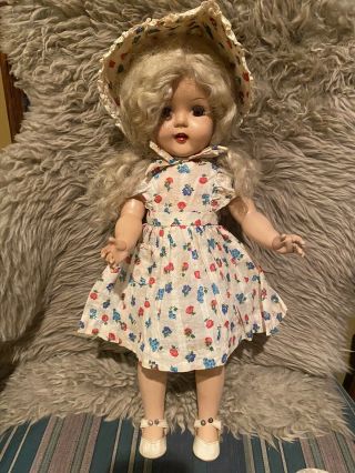 Vintage Hard Plastic Doll 20” Tall 1950’s Doll W/ Wardrobe