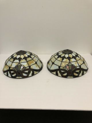 Vintage 10” Tiffany Style Stained Glass Leaded Lamp Shade Matching Pair 2 Shades 3