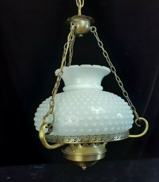 Light Fixture White Milk Glass Hobnail Hurricane Brass Hanging Lamp Farmhouse