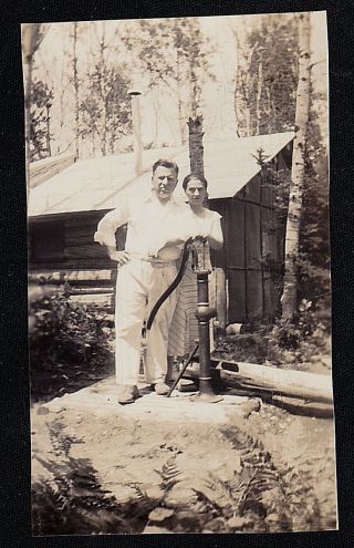 Antique Vintage Photograph Man And Woman Standing By Water Pump In Country