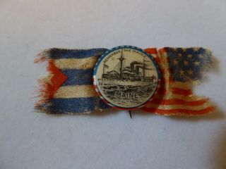 Vintage " Remember The Maine " Pin With Cuban & Us Flags - Spanish - American War