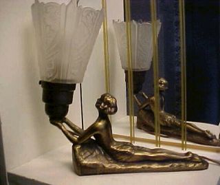Art Deco Semi Nude Lady Metal Lamp W Geometric Glass Shade By Chandler