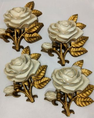 4 Vintage Homco Home Interiors White Cream & Gold Roses/flowers Wall Decor