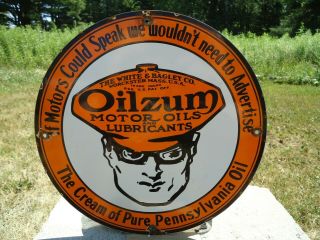 Old Vintage Orange Oilzum Motor Oil Gas Porcelain Gas Station Pump Ad Sign
