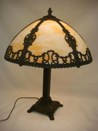 Vintage Bent Slag Glass Lamp Metal Table Lamp Ornate 23 " 6 Panel Shade Filigree