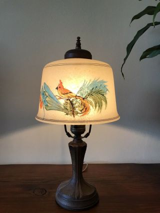 Vintage Reverse Painted Table Lamp Bird Tropical