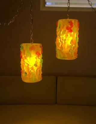 Vintage Mid Century Pair Chunk Lucite Rock Candy Hanging Swag Lamp 1960 