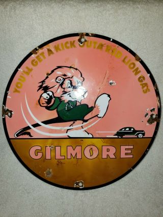 Vintage Gilmore Gasoline Porcelain Sign,  Gas Station,  Pump Plate,  Lion Motor Oil