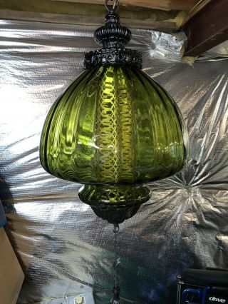 13” Wide Real Green Glass Vintage Mcm Hanging Swag Lamp Light W/ Diffuser