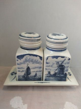 Delft Blauw Spice Jar Canister Set W/ Tray Hand Painted Made In Holland Vintage.