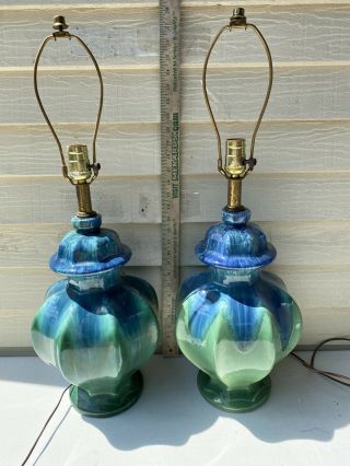 Lovely Pair Vintage Mid Century Asian Ginger Jar Ceramic Drip Glaze Table Lamps