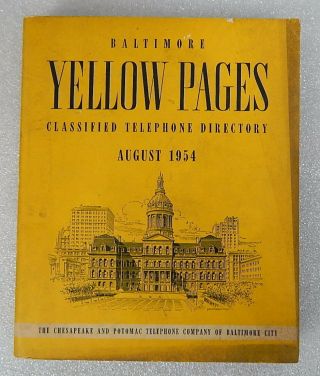 1954 Baltimore Maryland Yellow Pages Telephone Book Chesapeake Potomac Directory