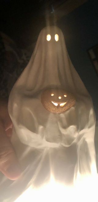 Vintage 1978 Ceramic Light Up Ghost Holding Jack - O - Lantern By Duncan Enterp