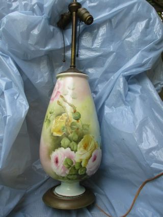 Vintage Huge Hand Painted Porcelain Floral Table Lamp With Yellow & Pink Roses
