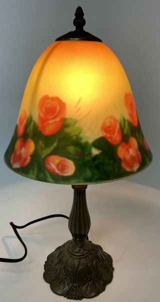 Reverse Painted Glass Lamp Shade Bronze Metal Roses Victorian/vintage - Style