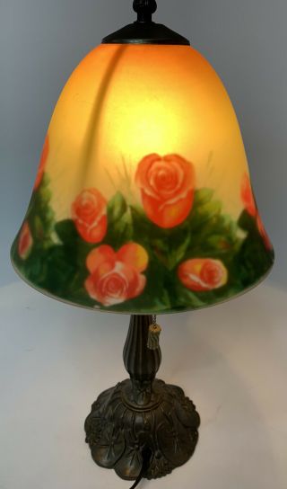 Reverse Painted Glass Lamp Shade Bronze Metal Roses Victorian/Vintage - Style 2