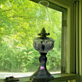 1880s Amethyst Eyebrow Pattern Oil Lamp Complete With Brass Burner & Old Chimney