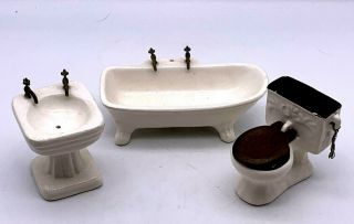 Vintage Dollhouse Miniature Ceramic Porcelain ? Bathroom Set Bathtub Toilet Sink