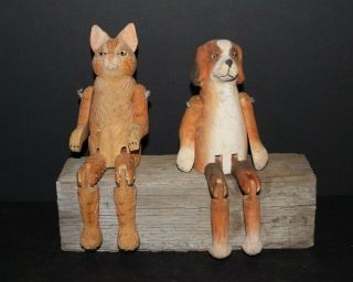 Vintage Hand Carved Solid Wood " Cat & Dog " Shelf Sitters Sculpture,  Folk Art