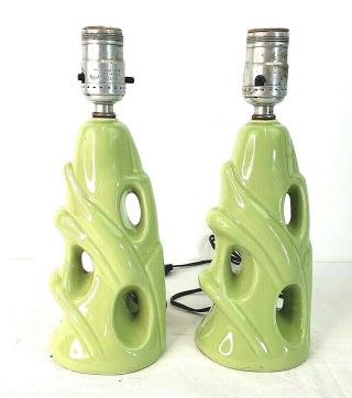 Mid Century Lime Green Ceramic Bed Side Vintage 10 " Lamps