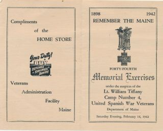 1942 " Remember The Maine " Memorial Exercises,  Spanish War Veterans,  Program